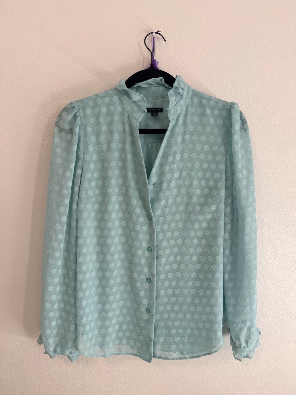 Ann Taylor Light Blue Polka Dot Ruffle-Neck Blouse